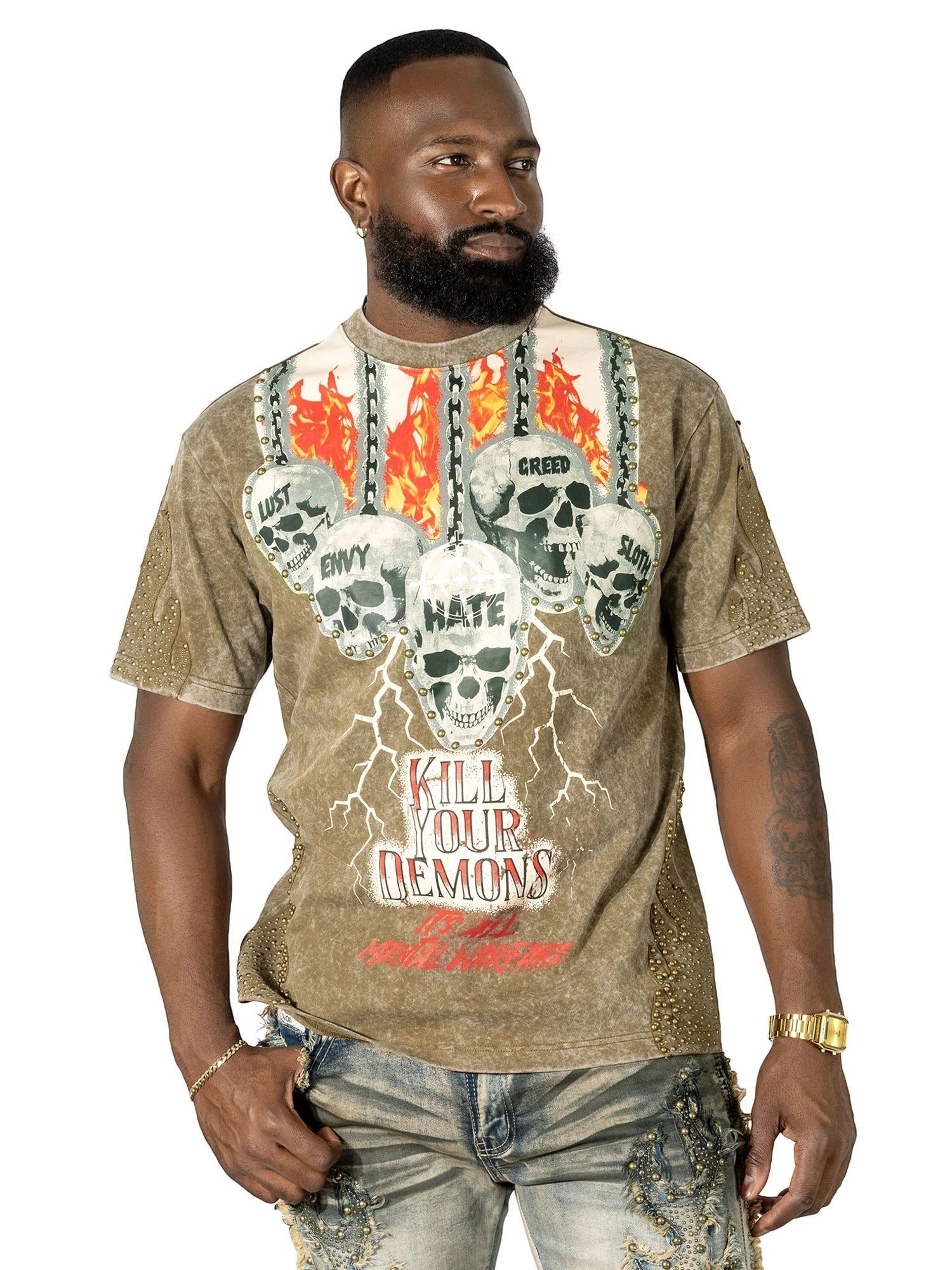 On Time Fashions men's brown graphic tee with skull print and 'Kill Your Demons' text. Features studded details on sleeves.