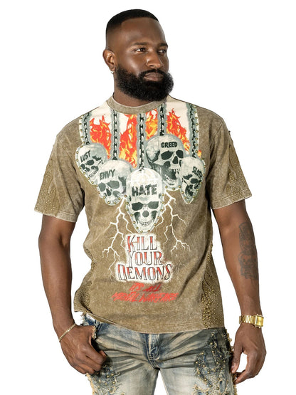 On Time Fashions men's brown graphic tee with skull print and 'Kill Your Demons' text. Features studded details on sleeves.