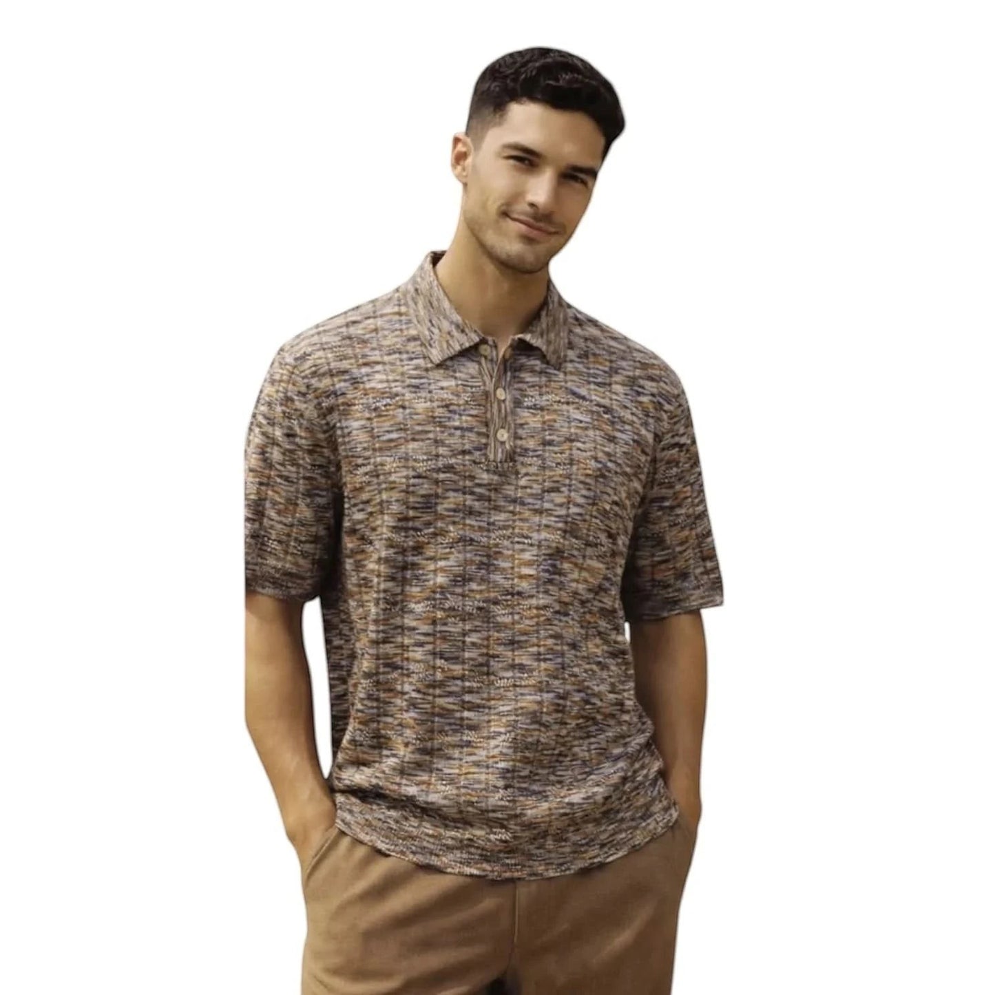 On Time Fashions men's brown space-dyed knit polo shirt with a textured pattern and button placket.