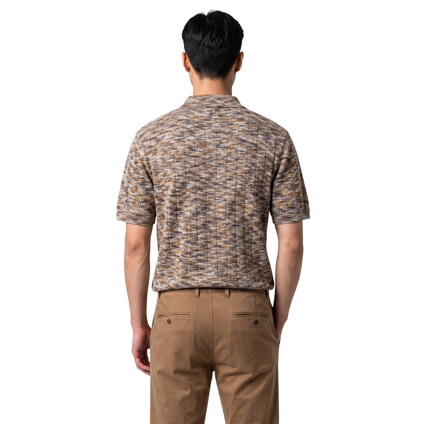 On Time Fashions men's brown space-dyed knit polo shirt with short sleeves and a button placket.