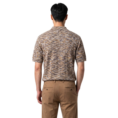 On Time Fashions men's brown space-dyed knit polo shirt with short sleeves and a button placket.