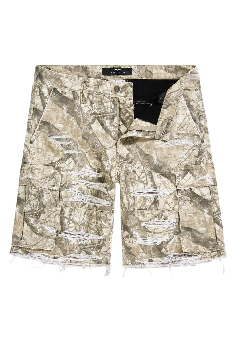 On Time Fashions Jordan Craig Brian Fit camouflage cargo shorts with distressed details and raw hem. 100% cotton.