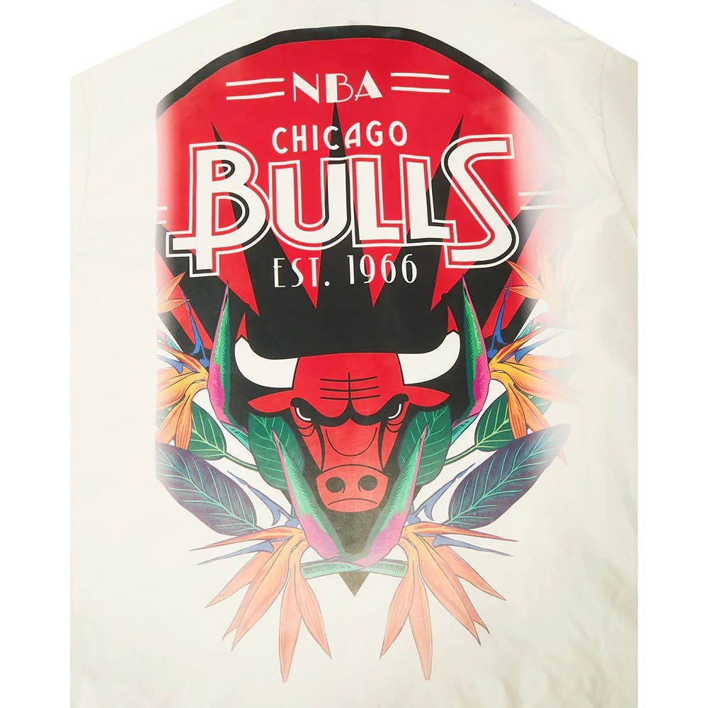 On Time Fashions white button-down camp shirt with a large graphic of the Chicago Bulls logo, a bull's head, and tropical flowers.