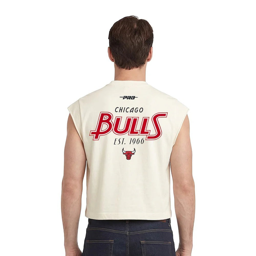 On Time Fashions men's cream cut-off t-shirt with Chicago Bulls logo and 'Est. 1966' graphic.