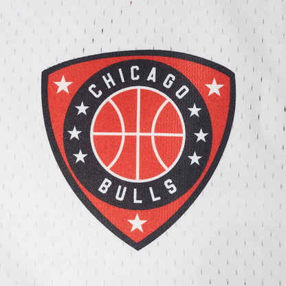 On Time Fashions white mesh jersey with Chicago Bulls basketball logo patch in red, black, and white.