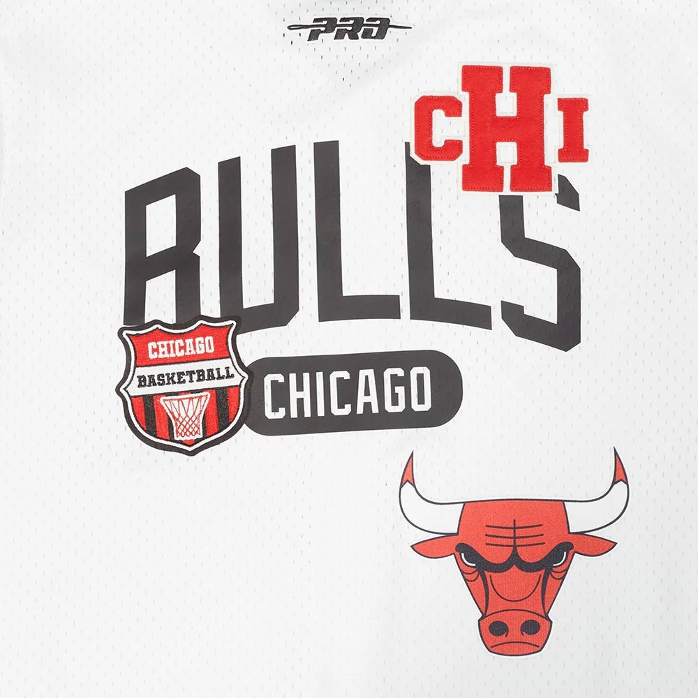 On Time Fashions Pro Standard Chicago Bulls white basketball jersey with black and red lettering and graphics.