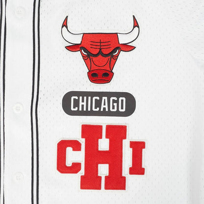 On Time Fashions white Pro Standard Chicago Bulls letterman jersey with red embroidered bull logo and "CHICAGO CHI" text.