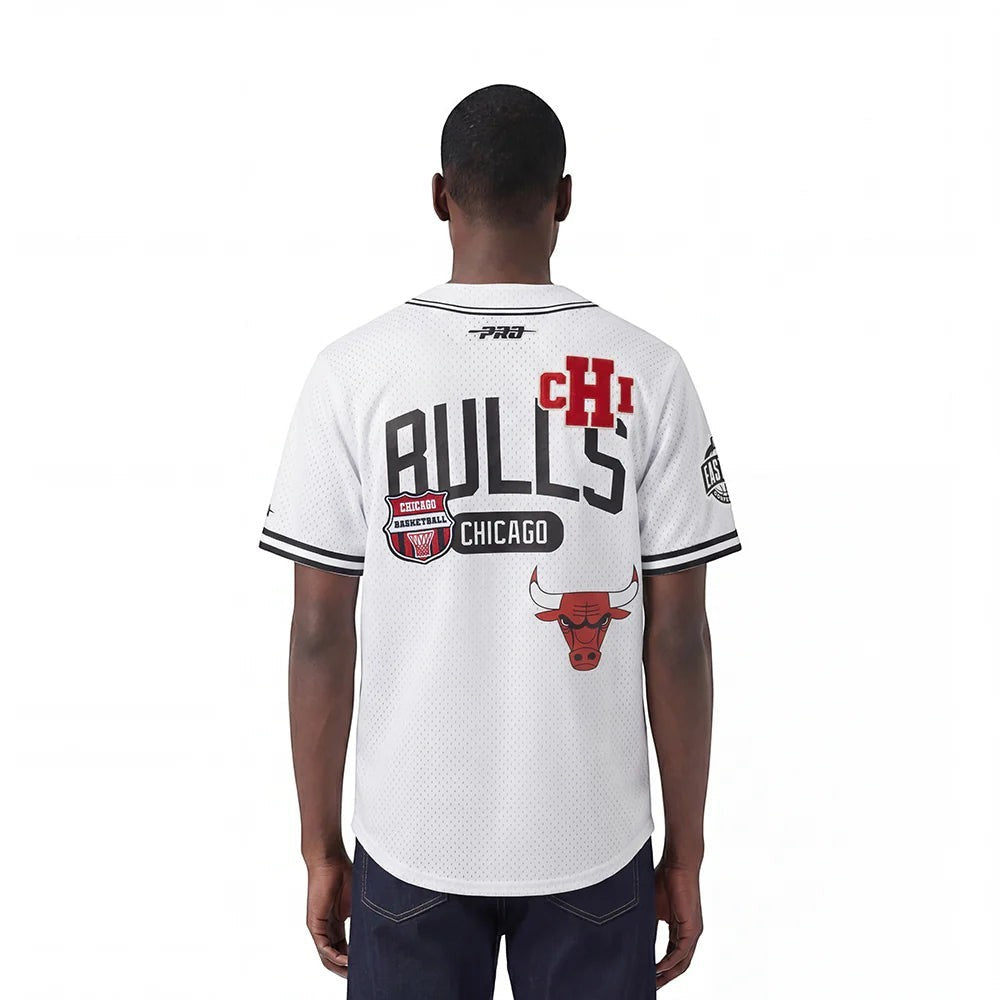 On Time Fashions white Pro Standard Chicago Bulls letterman jersey with black and red accents. Features 'BULLS' and 'CHI' lettering, team logo, and bull graphic.