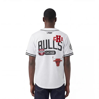On Time Fashions white Pro Standard Chicago Bulls letterman jersey with black and red accents. Features 'BULLS' and 'CHI' lettering, team logo, and bull graphic.