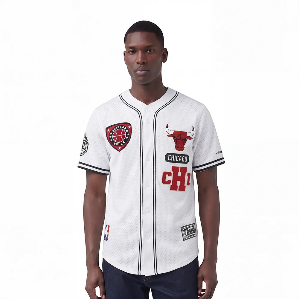 On Time Fashions white Pro Standard Chicago Bulls letterman jersey with red and black accents. Features team logos and patches.