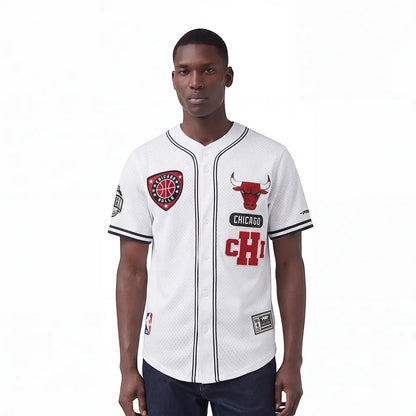 On Time Fashions white Pro Standard Chicago Bulls letterman jersey with red and black accents. Features team logos and patches.