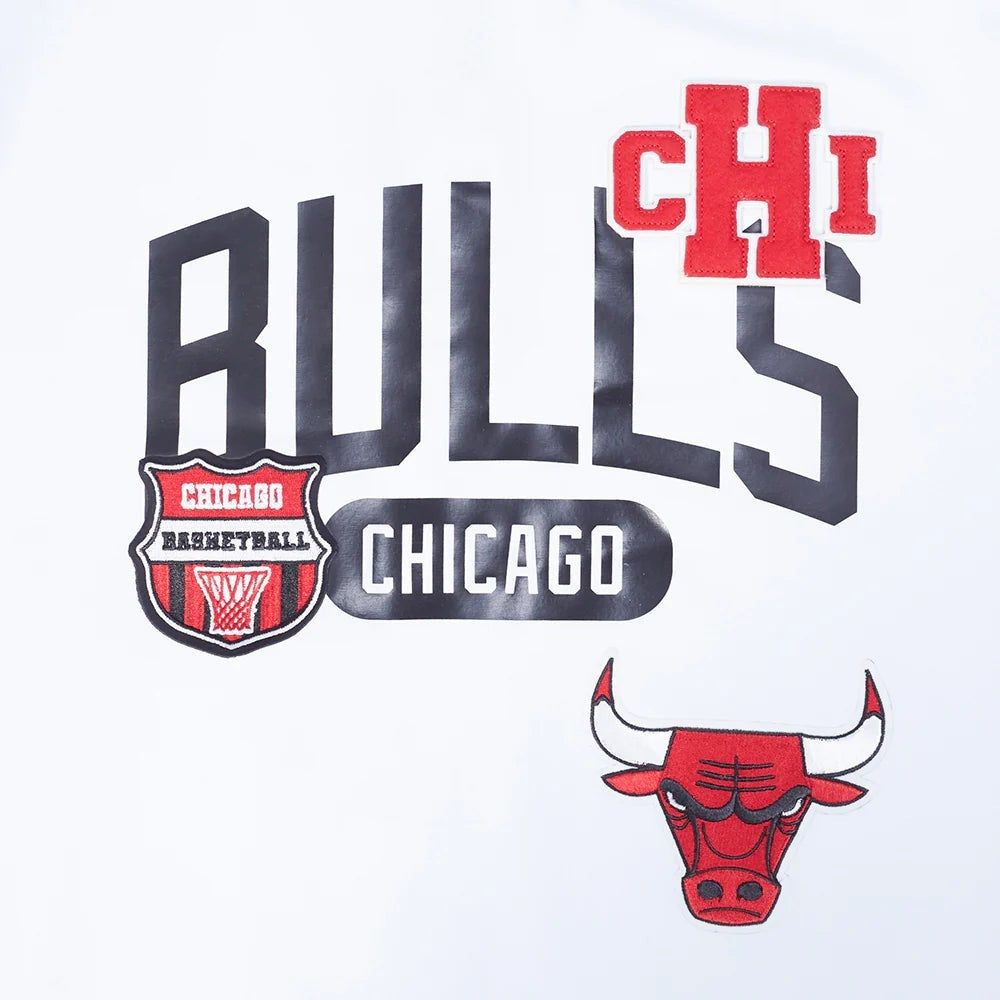 On Time Fashions white letterman shirt with Chicago Bulls graphics, including the team name, basketball logo, and bull head emblem.