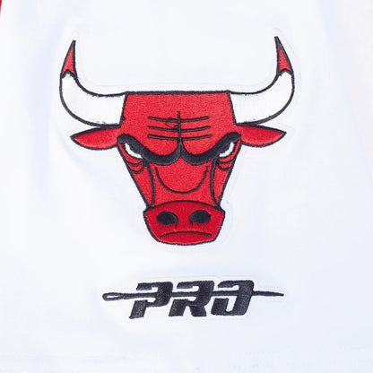 On Time Fashions white letterman shirt with embroidered Chicago Bulls logo and "PRO" text.