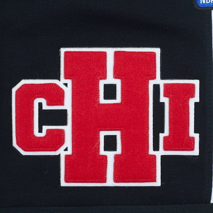 On Time Fashions black shorts with red and white chenille CHI logo for Chicago Bulls fans.