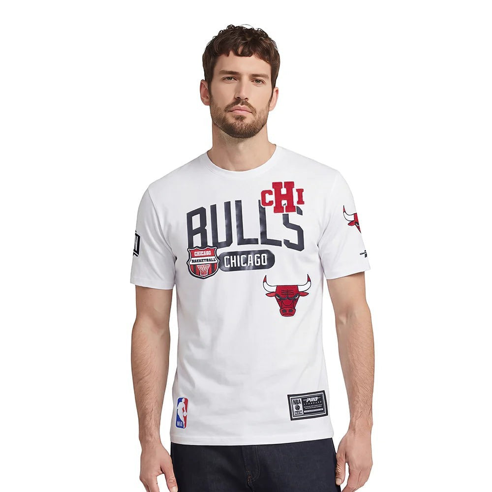 On Time Fashions white cotton t-shirt with Chicago Bulls graphics and lettering. Features the team name, bull head logo, and NBA patch.