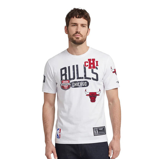 On Time Fashions white cotton t-shirt with Chicago Bulls graphics and lettering. Features the team name, bull head logo, and NBA patch.