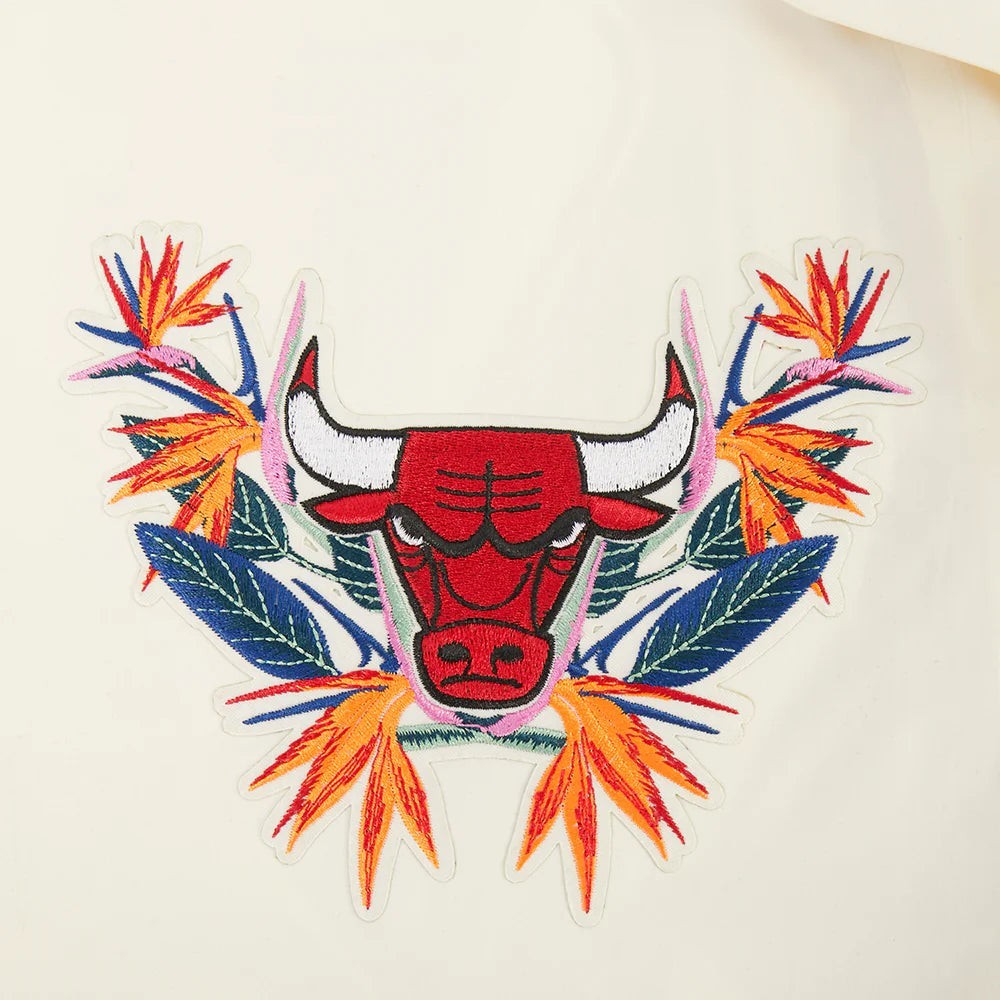 On Time Fashions Pro Standard Chicago Bulls Paradise Button Down Camp Shirt with embroidered bull and tropical flowers.