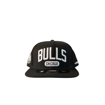 On Time Fashions black Pro Standard Chicago Bulls letterman snapback hat with white lettering.