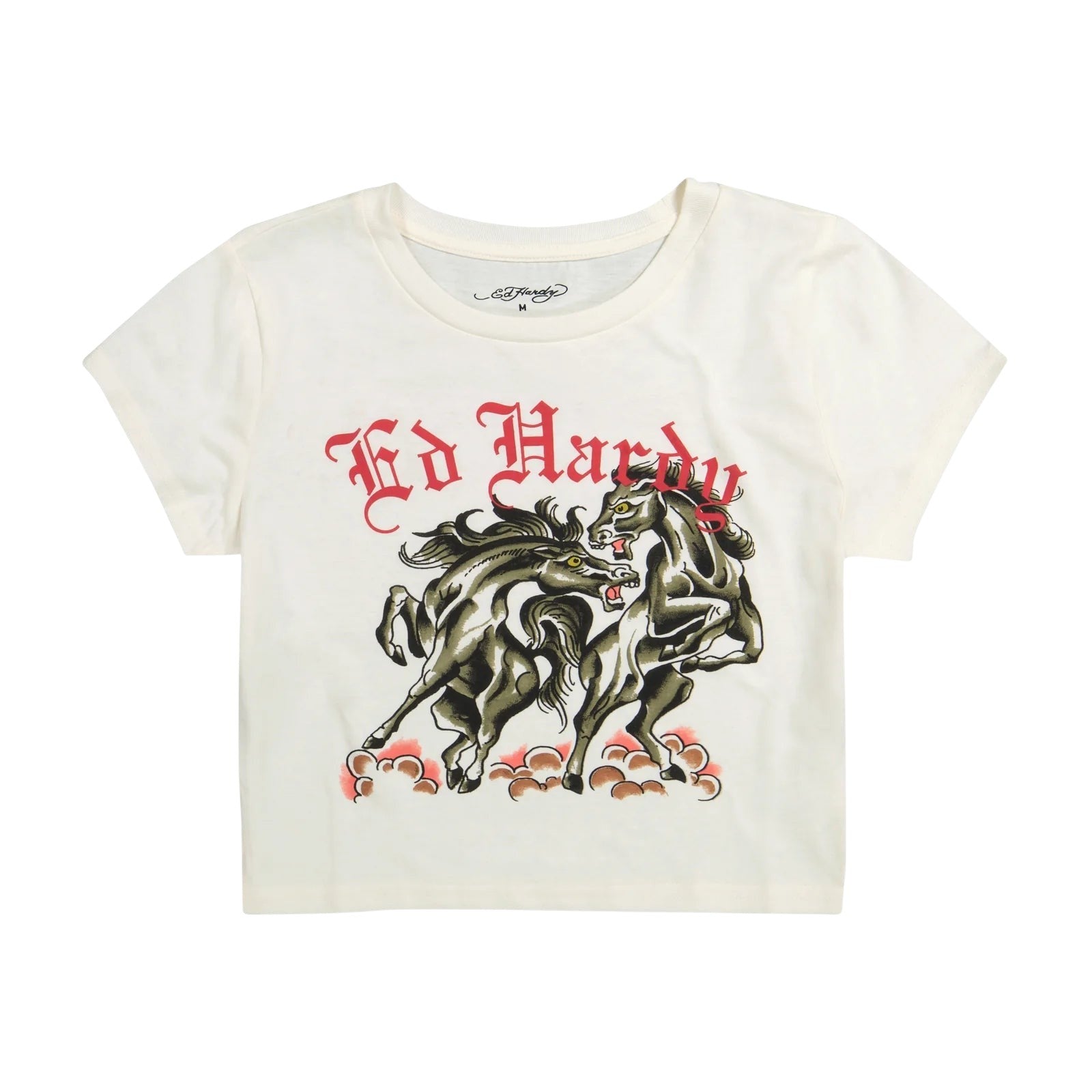 On Time Fashions cream cotton blend baby tee with Ed Hardy Battle Horse graphic and red logo.