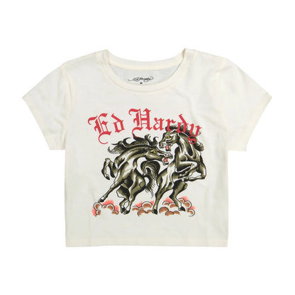 On Time Fashions cream cotton blend baby tee with Ed Hardy Battle Horse graphic and red logo.