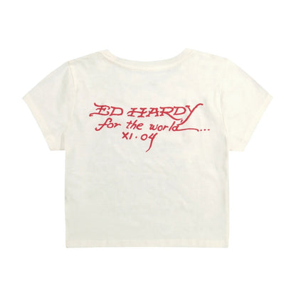 On Time Fashions cream cotton blend baby tee with red Ed Hardy 'for the world' graphic and 'XI.04' text on back.