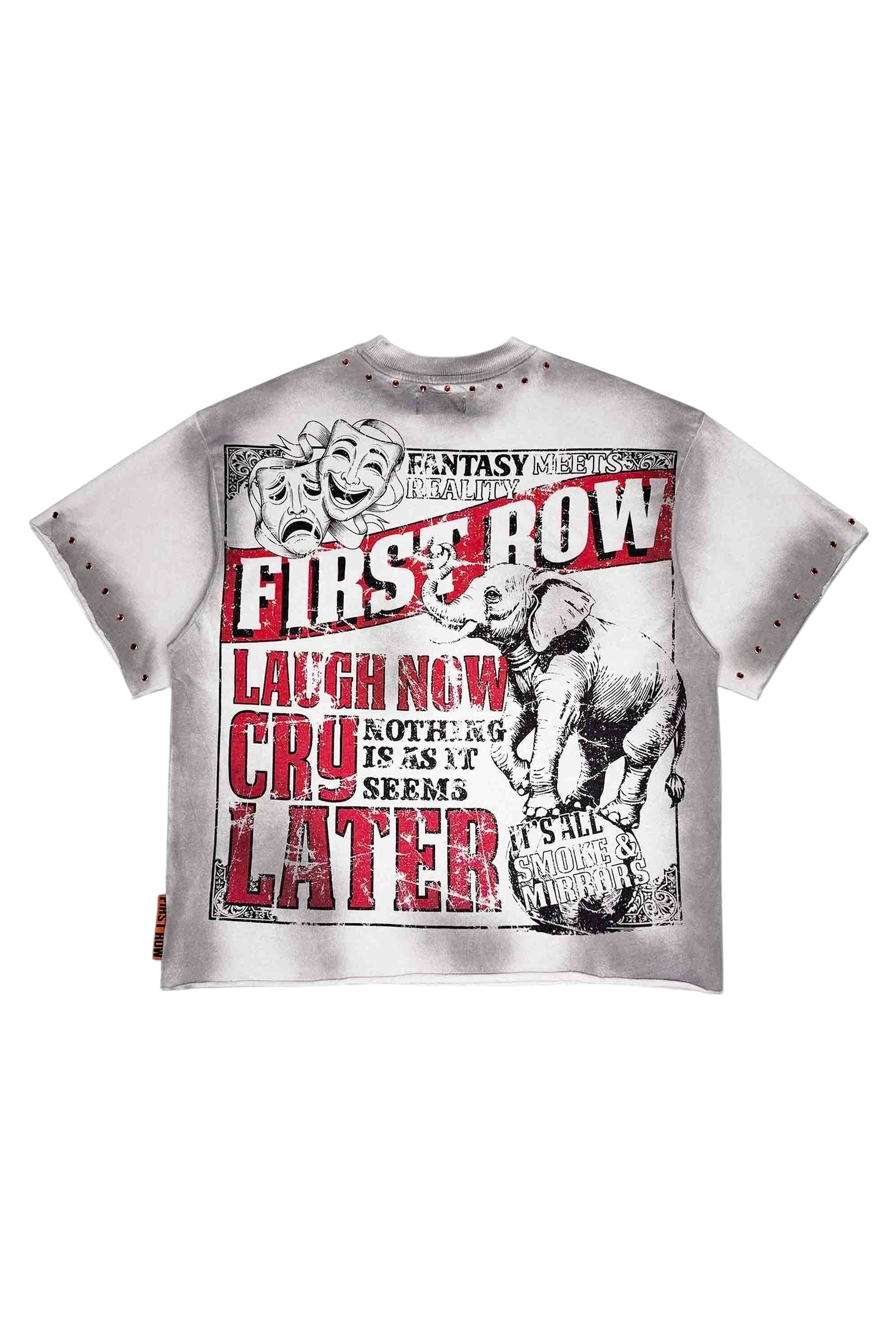 On Time Fashions First Row Laugh Now Cry Later Dark Circus Tee with graphic print of theatre masks, elephant, and text.
