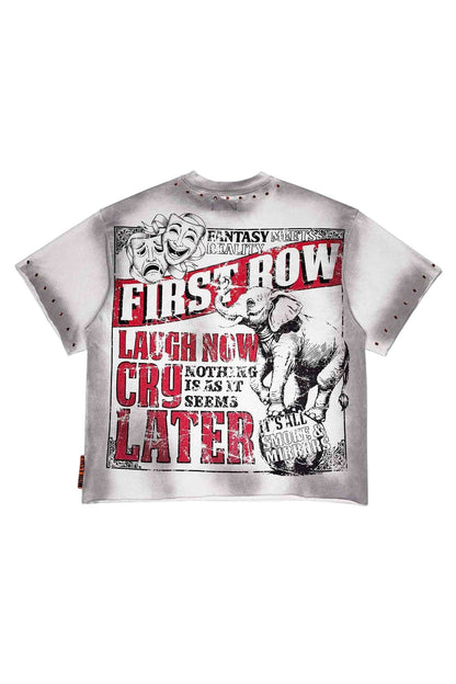 On Time Fashions First Row Laugh Now Cry Later Dark Circus Tee with graphic print of theatre masks, elephant, and text.