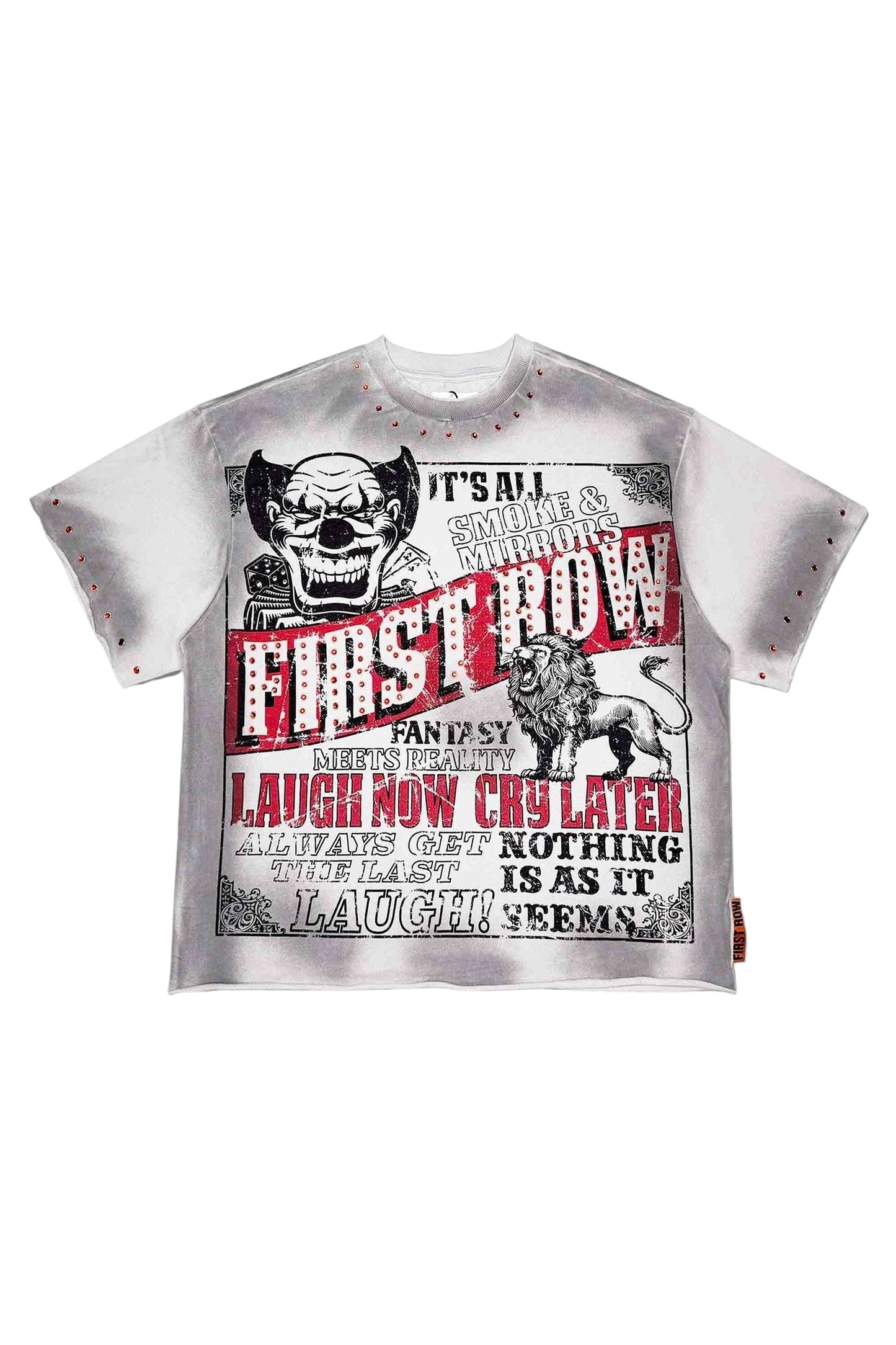 On Time Fashions First Row Laugh Now Cry Later Dark Circus Tee with clown and lion graphics. Grey cotton.