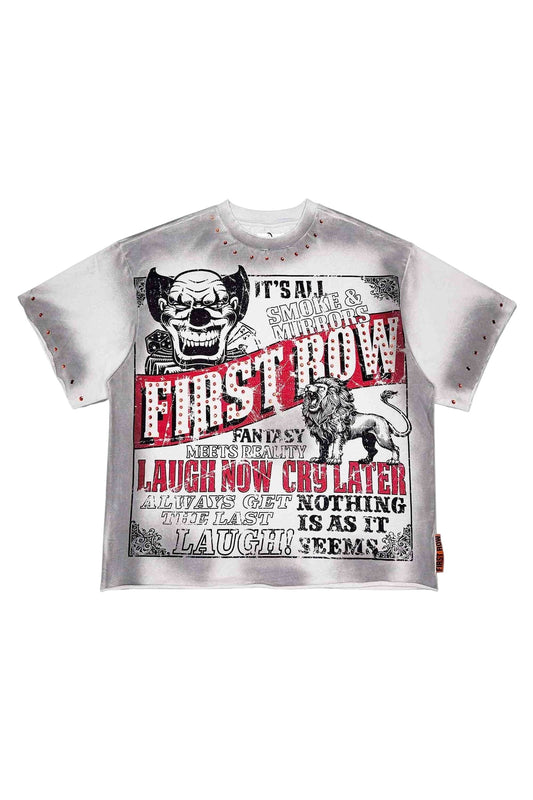 On Time Fashions First Row Laugh Now Cry Later Dark Circus Tee with clown and lion graphics. Grey cotton.