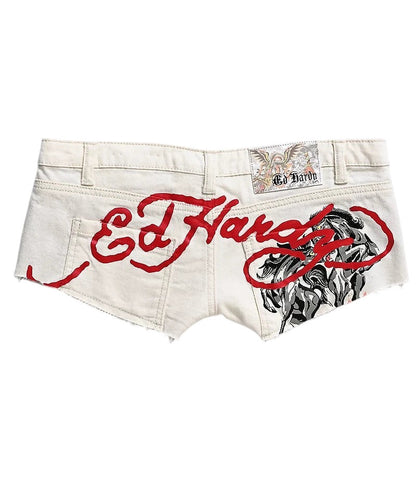 On Time Fashions Ed Hardy ivory white denim micro shorts with embroidered red logo and black & white horse graphic.