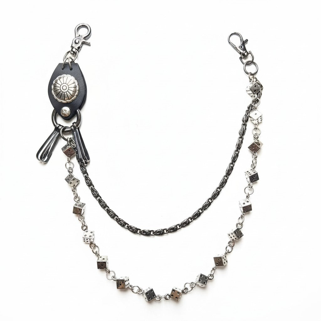 On Time Fashions Drunz Flower Medallion Dice Wallet Chain with black leather accent and silver dice charms.