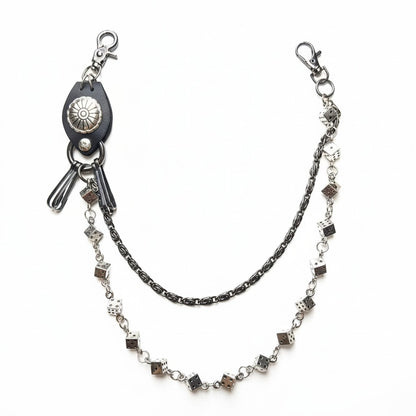 On Time Fashions Drunz Flower Medallion Dice Wallet Chain with black leather accent and silver dice charms.
