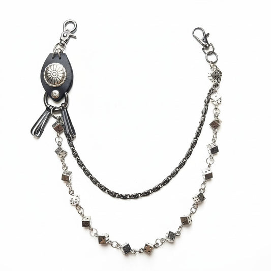 On Time Fashions Drunz Flower Medallion Dice Wallet Chain with black leather accent and silver dice charms.