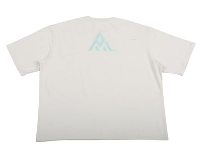 On Time Fashions Paper Money Love Letter Tee, a light grey short-sleeve t-shirt with a pale blue abstract logo on the back.