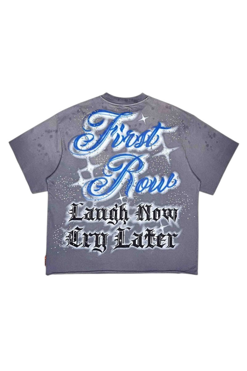 On Time Fashions grey cotton tee with blue First Row graphic and black 'Laugh Now Cry Later' text.