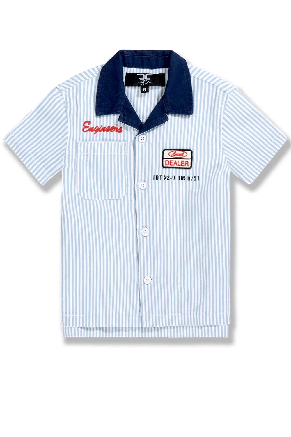 On Time Fashions Jordan Craig Kids Local Art Dealer Camp Shirt in Bengal Stripe with navy collar and embroidered details.