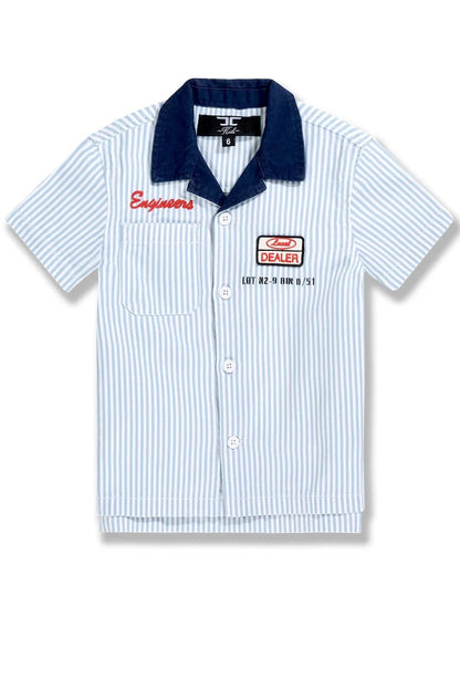 On Time Fashions Jordan Craig Kids Local Art Dealer Camp Shirt in Bengal Stripe with navy collar and embroidered details.