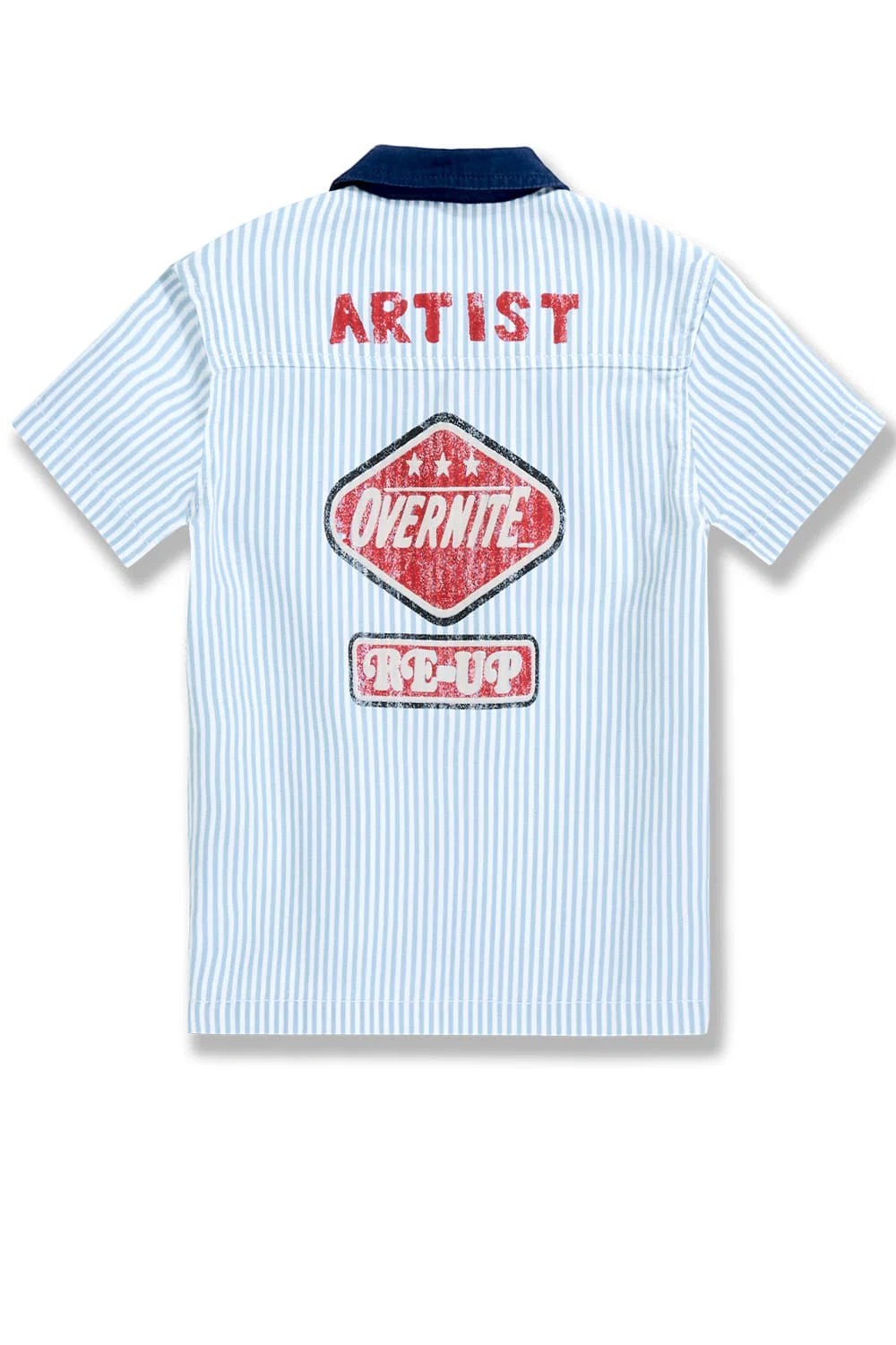 On Time Fashions Jordan Craig Kids Local Art Dealer Camp Shirt in Bengal Stripe with red graphic prints on back.