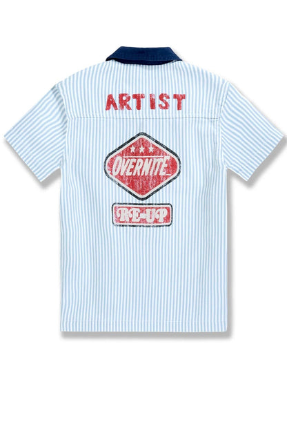 On Time Fashions Jordan Craig Kids Local Art Dealer Camp Shirt in Bengal Stripe with red graphic prints on back.