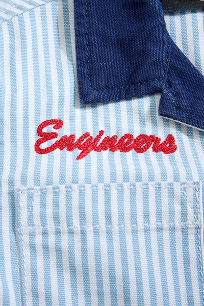 On Time Fashions Jordan Craig Kids Local Art Dealer Camp Shirt in Bengal Stripe with red embroidered "Engineers" text and a navy collar.