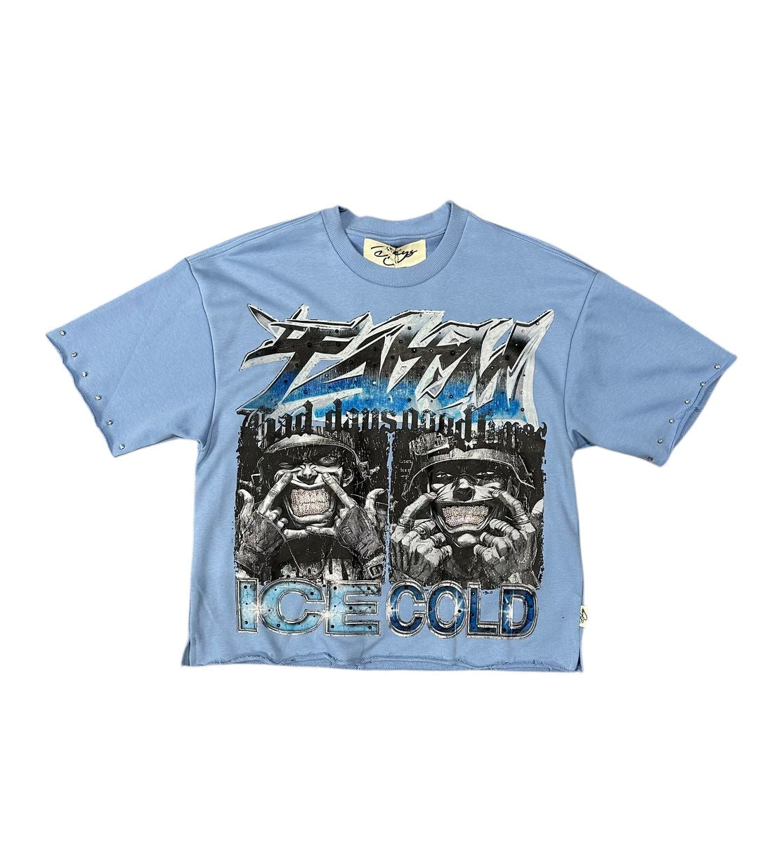 On Time Fashions light blue cropped tee with graphic print and rhinestone details on sleeves.