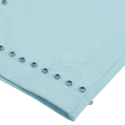 On Time Fashions light blue cotton blend shorts with rhinestone trim and embroidered logo.
