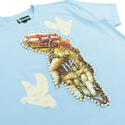 On Time Fashions light blue cotton t-shirt with a graphic of a hand holding rosary beads, embellished with pearls and doves.