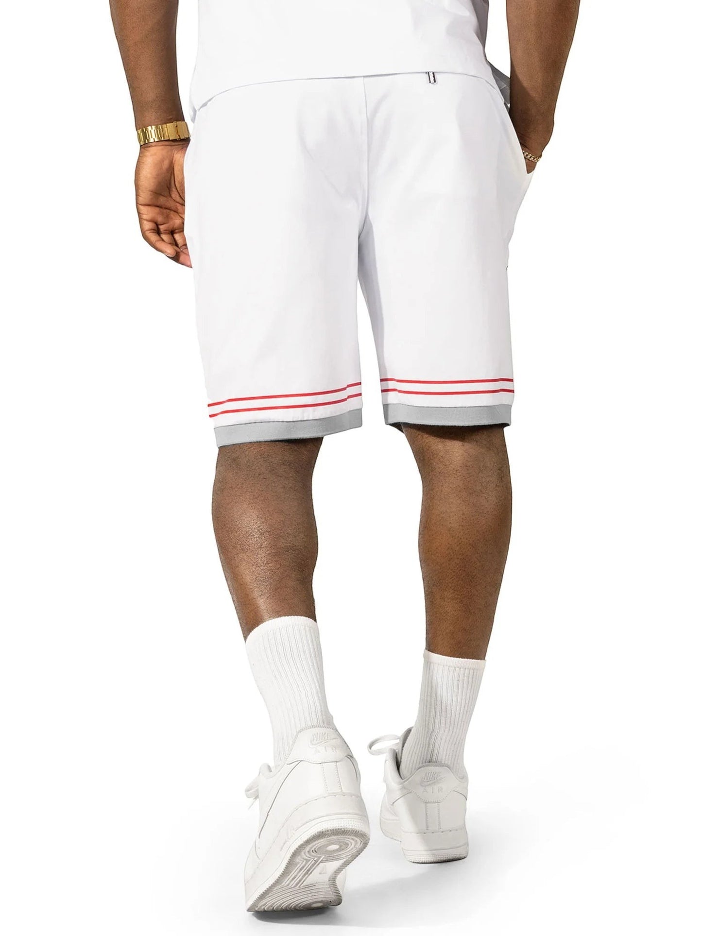 On Time Fashions Makobi Cest La Vie white shorts with red and grey trim, featuring a relaxed fit and streetwear style.