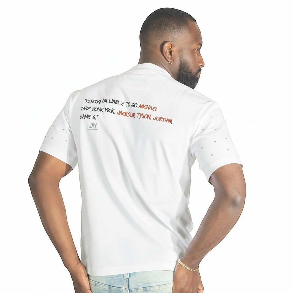 On Time Fashions Makobi Icons Tee, a white short-sleeve shirt with a graphic print on the back featuring names like Michael Jordan and Tyson.