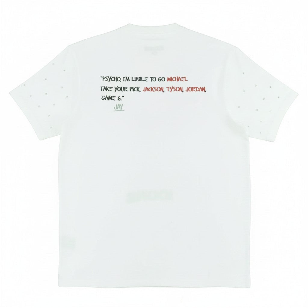 On Time Fashions white cotton Makobi Icons Tee with graphic text and scattered rhinestone details on sleeves.