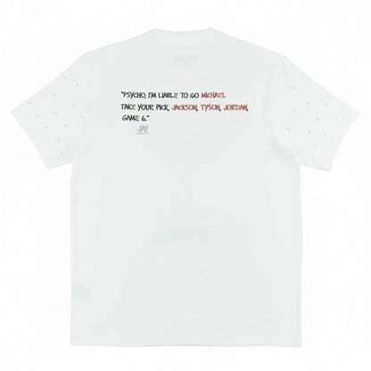 On Time Fashions white cotton Makobi Icons Tee with graphic text and scattered rhinestone details on sleeves.
