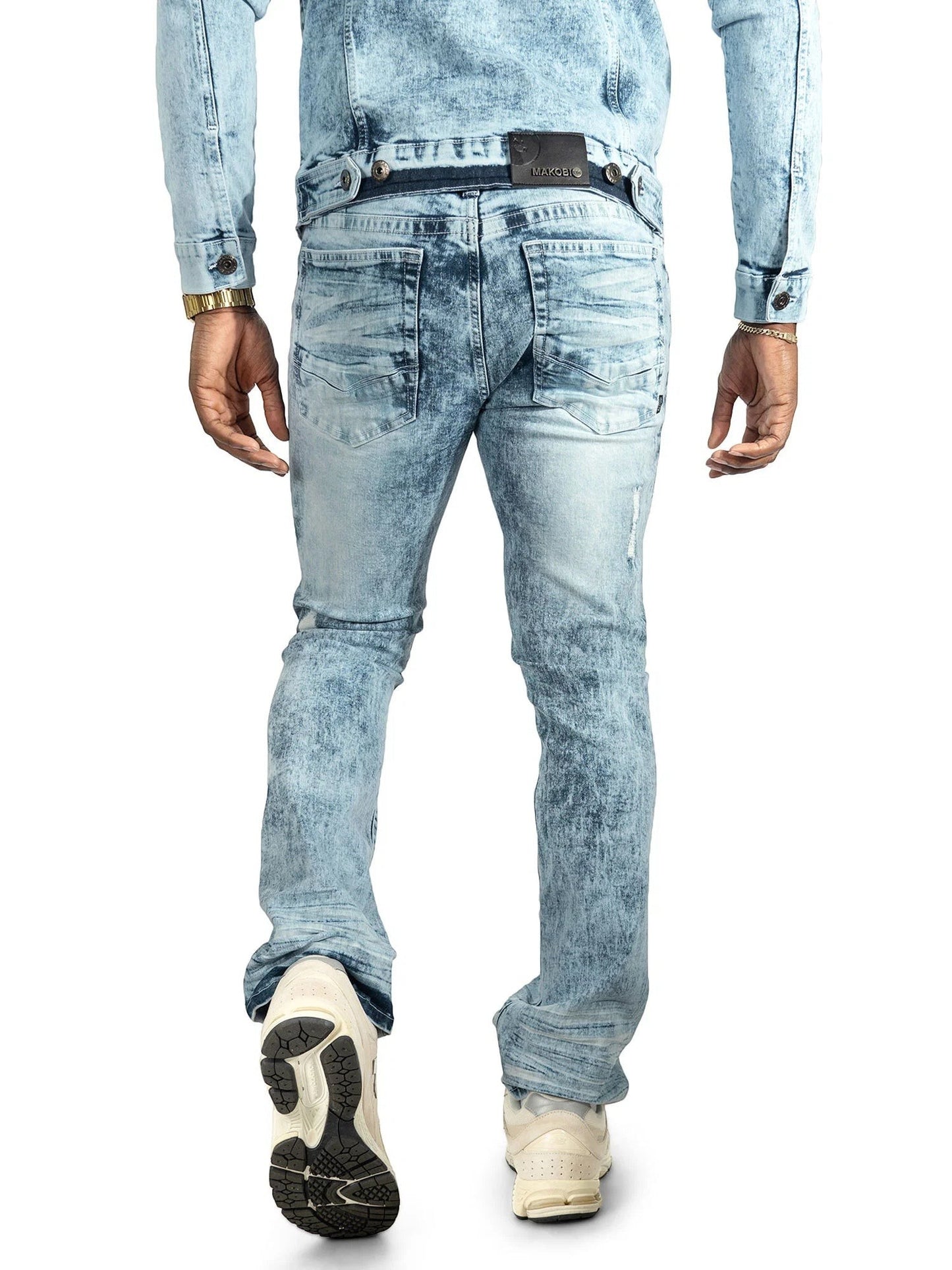 On Time Fashions Makobi Prego light blue acid wash distressed denim jeans with a slim fit.