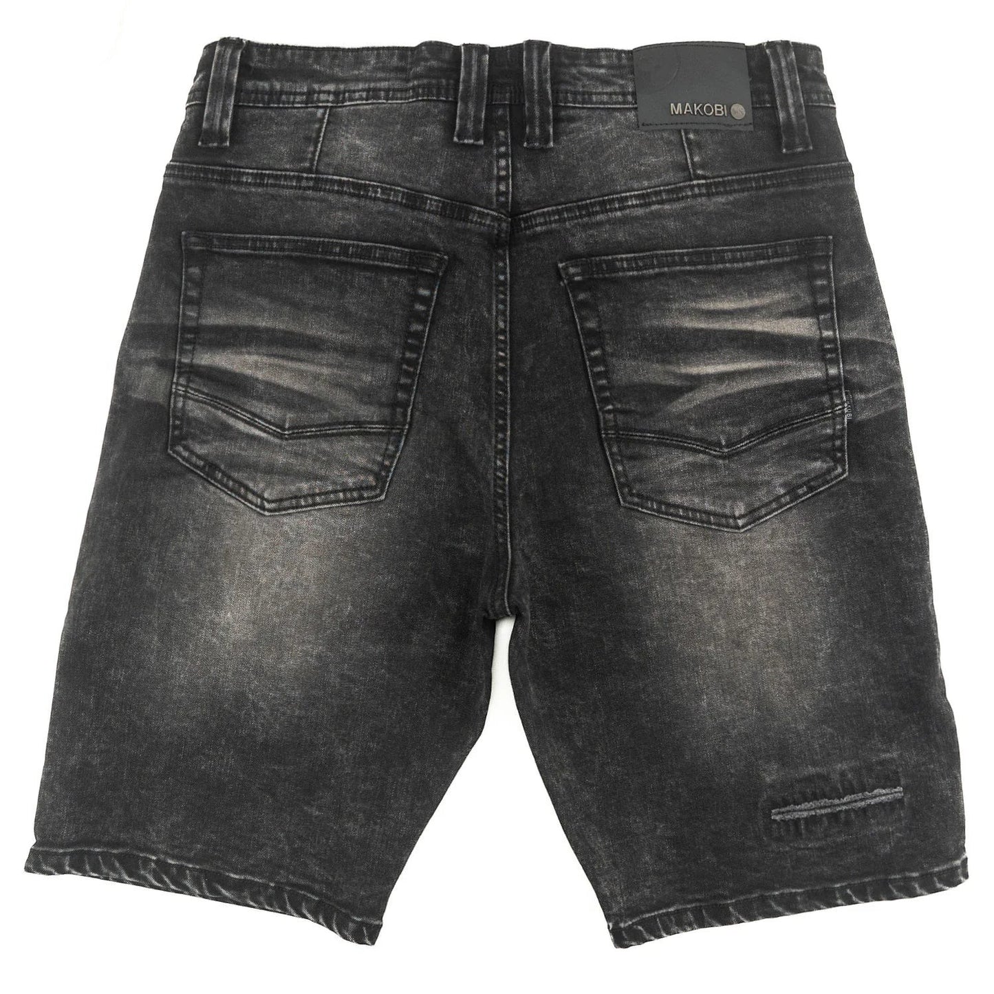 On Time Fashions Makobi Prego black acid wash denim shorts with distressed detailing and five-pocket styling.
