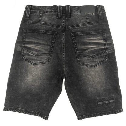 On Time Fashions Makobi Prego black acid wash denim shorts with distressed detailing and five-pocket styling.